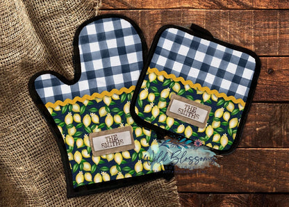 Navy Lemon Farmhouse Personalized Pot Holder And Oven Mitt