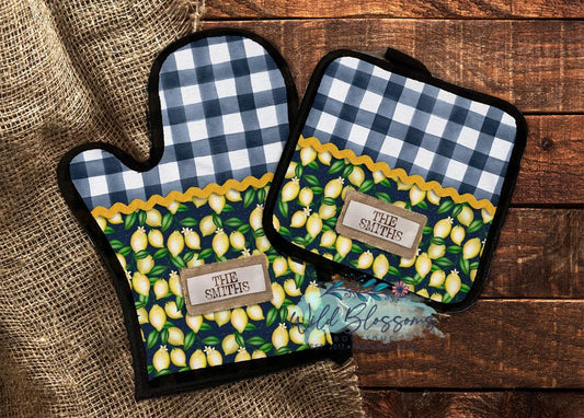 Navy Lemon Farmhouse Personalized Pot Holder And Oven Mitt