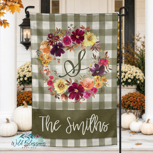 Olive Autumn Blooms Personalized Fall Garden Flag