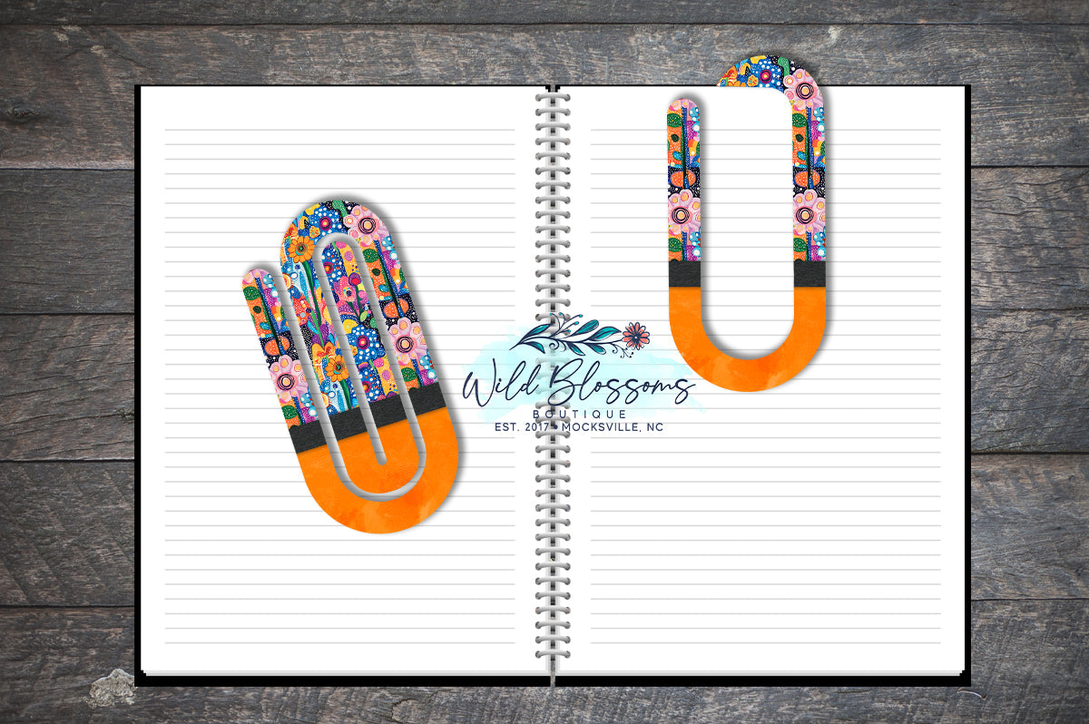 Orange Whimsical Abstract Floral Paper Clip Bookmark