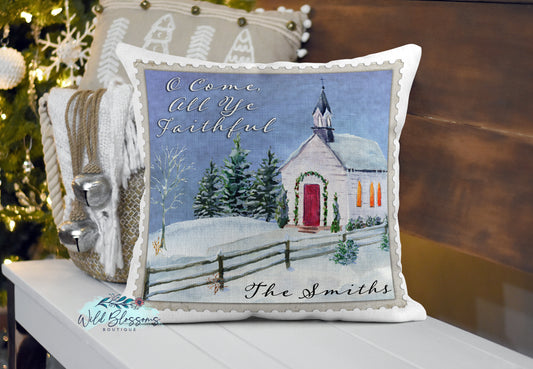O Come All Ye Faithful White Church Postage Stamp Personalized Pillow Cover
