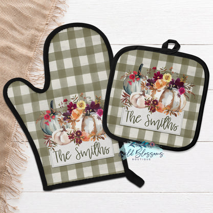 Olive Autumn Blooms Personalized Oven Mitt & Pot Holder