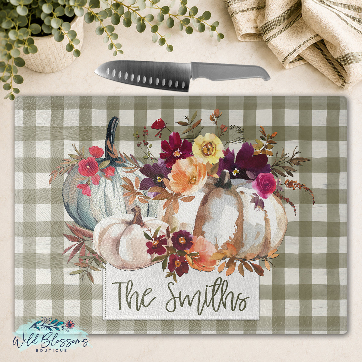 Olive Autumn Blooms Personalized Glass Cutting Board