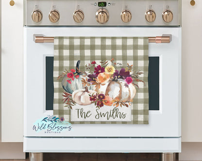 Olive Autumn Blooms Personalized Kitchen Towel