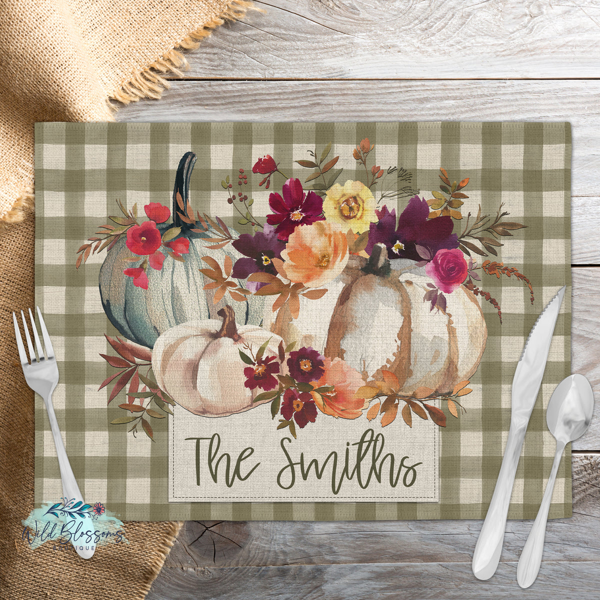 Olive Autumn Blooms Personalized Fall Placemat