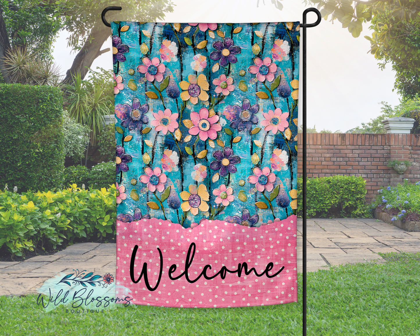 Painted Pink Polka Dot Floral Personalized Garden Flag