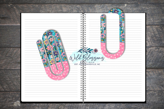 Painted Pink Floral and Polka Dot Paper Clip Bookmark