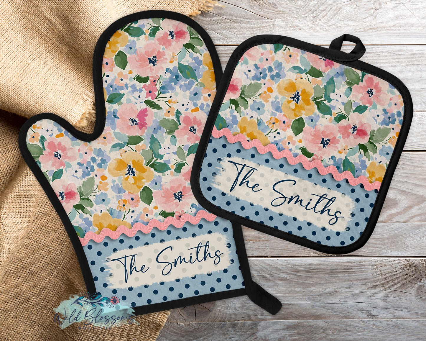 Pastel Spring Wildflowers Personalized Pot Holder And Oven Mitt