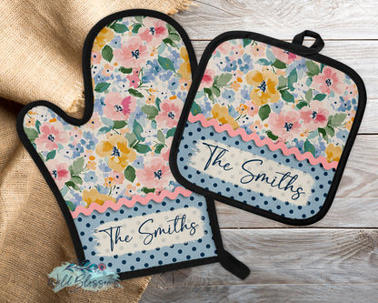 Pastel Spring Wildflowers Personalized Pot Holder And Oven Mitt