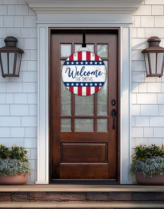 Rustic Wooden Patriotic Welcome Personalized Round Door Hanger