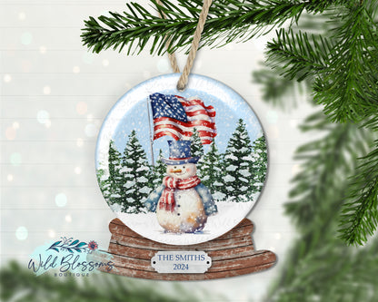 Patriotic Snowman Personalized Snow Globe Ornament