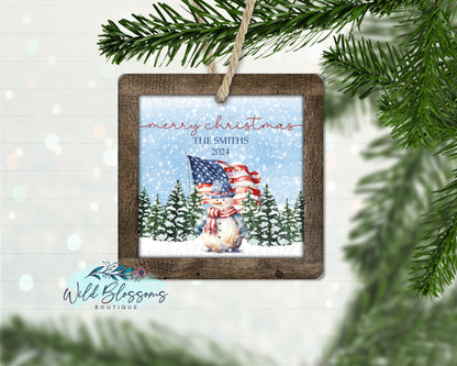 Patriotic Snowman Personalized Ornament