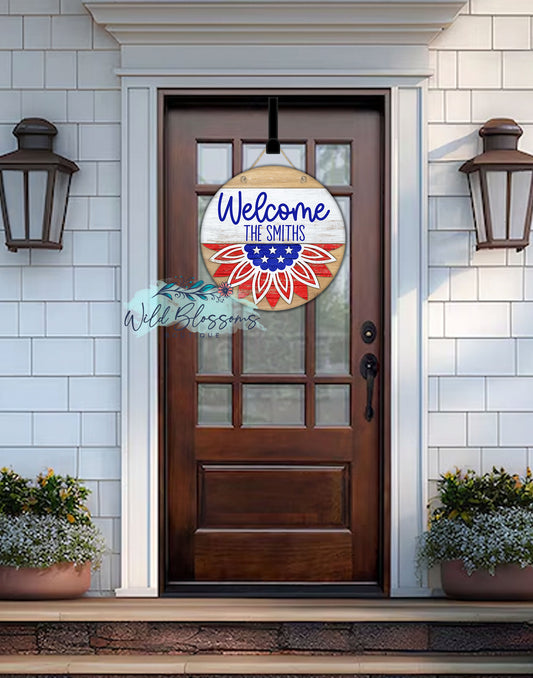 Patriotic Wooden Sunflower Welcome Personalized Round Door Hanger