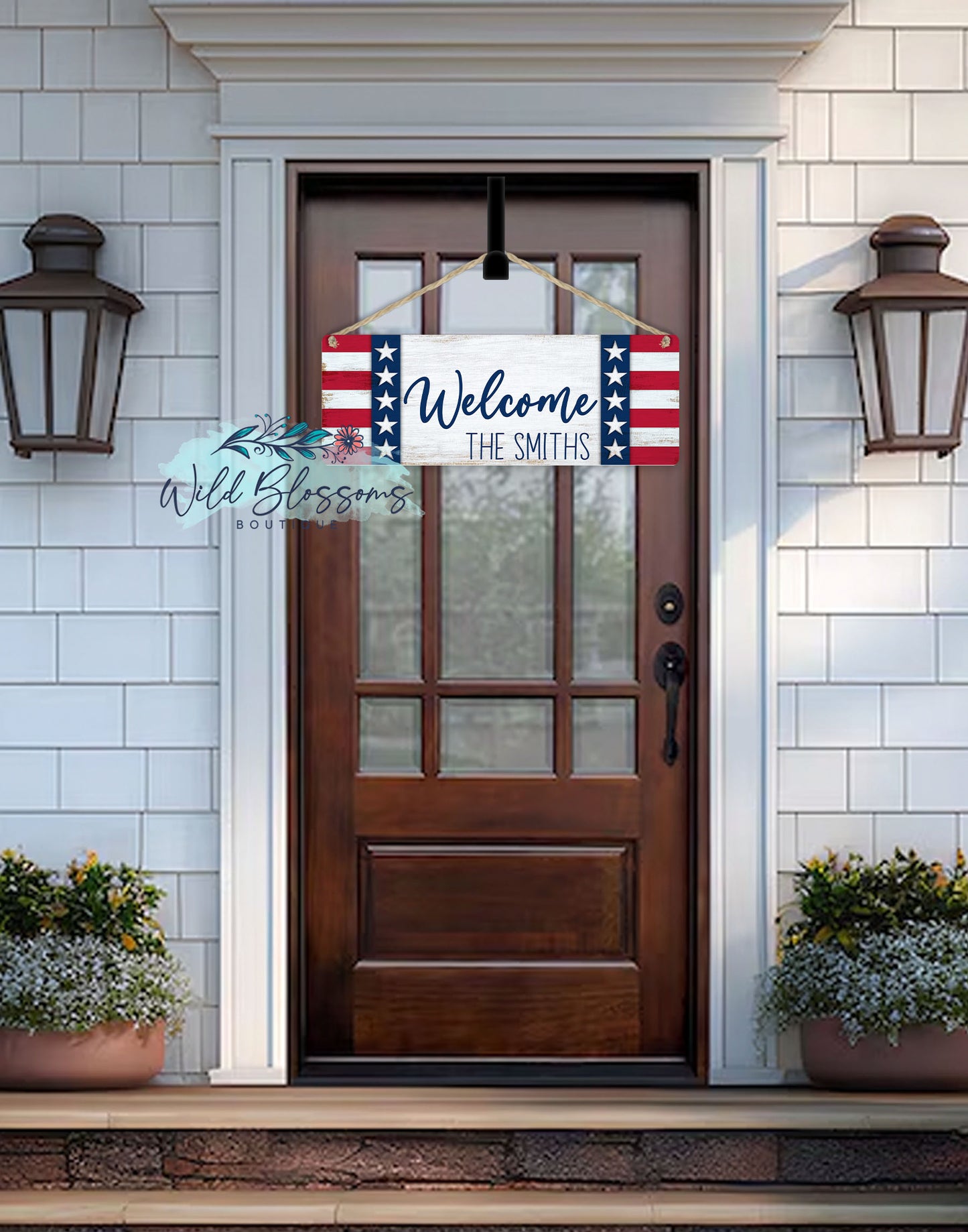 Patriotic Wooden Welcome Personalized Door Hanger