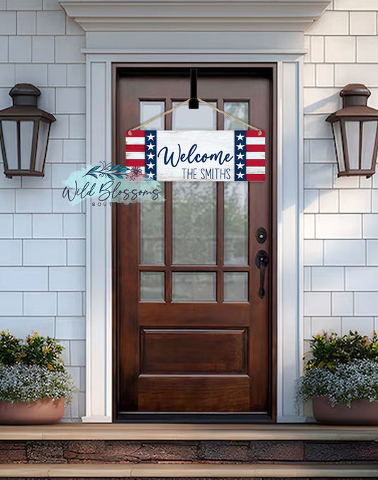 Patriotic Wooden Welcome Personalized Door Hanger
