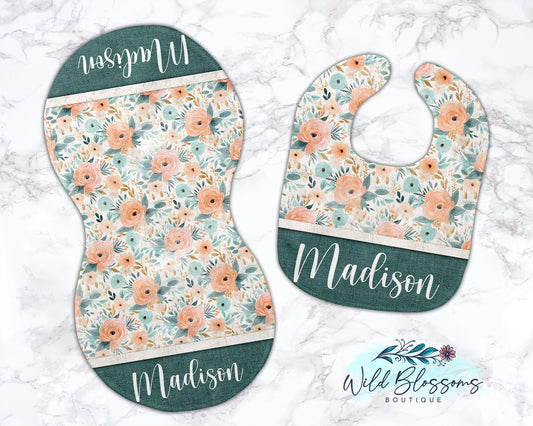 Peach Floral Personalized Baby Bib And Burp Cloth Set