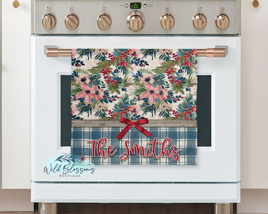 Rustic Pine Floral Christmas Personalized Kitchen Towel