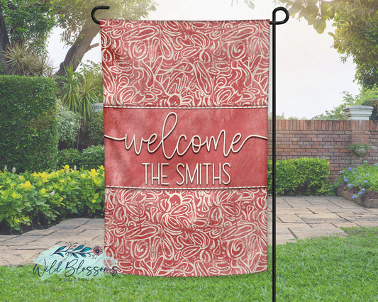 Pink Abstract Scribble Welcome Personalized Garden Flag
