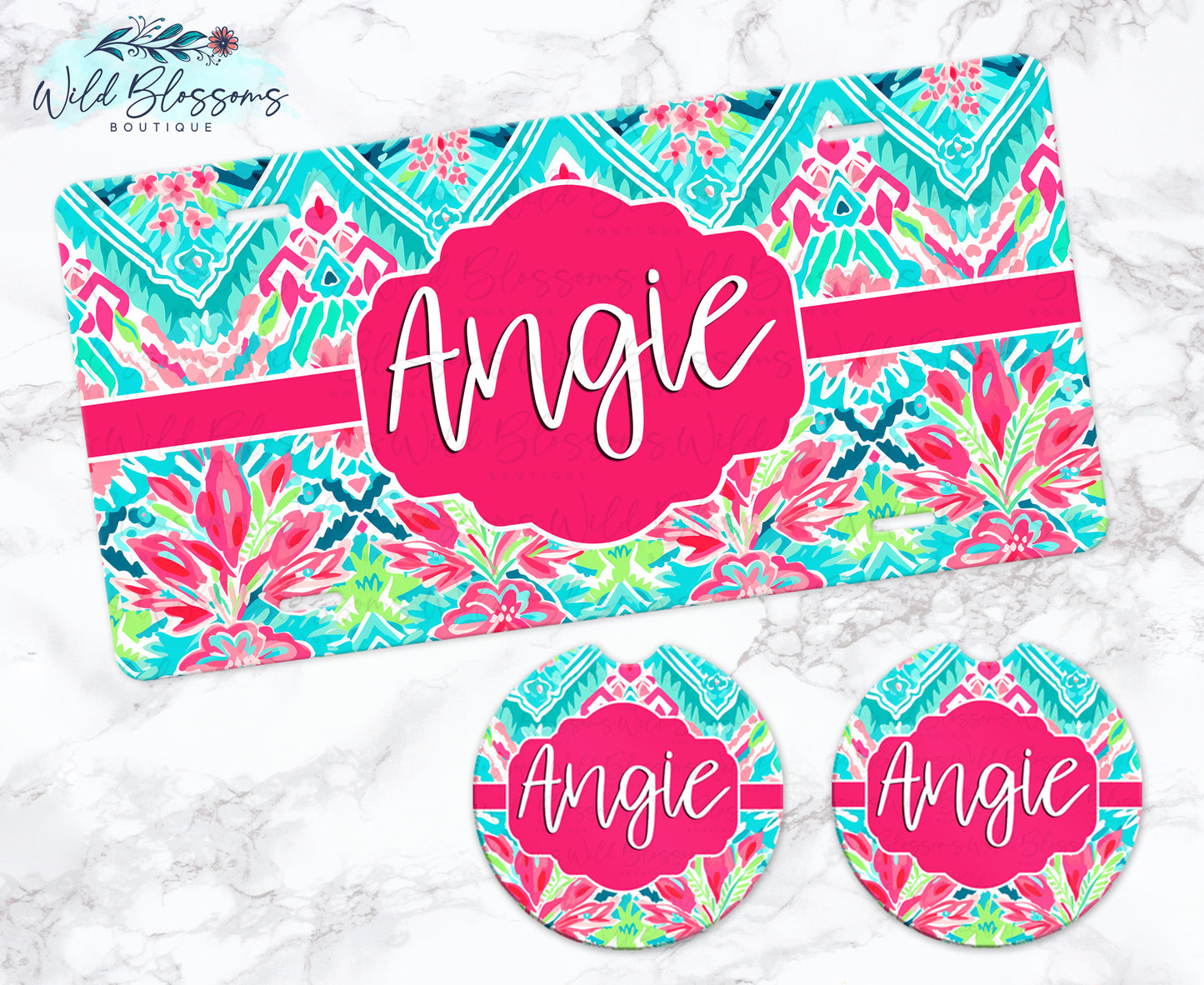 Pink And Aqua Floral Personalized Car Coasters