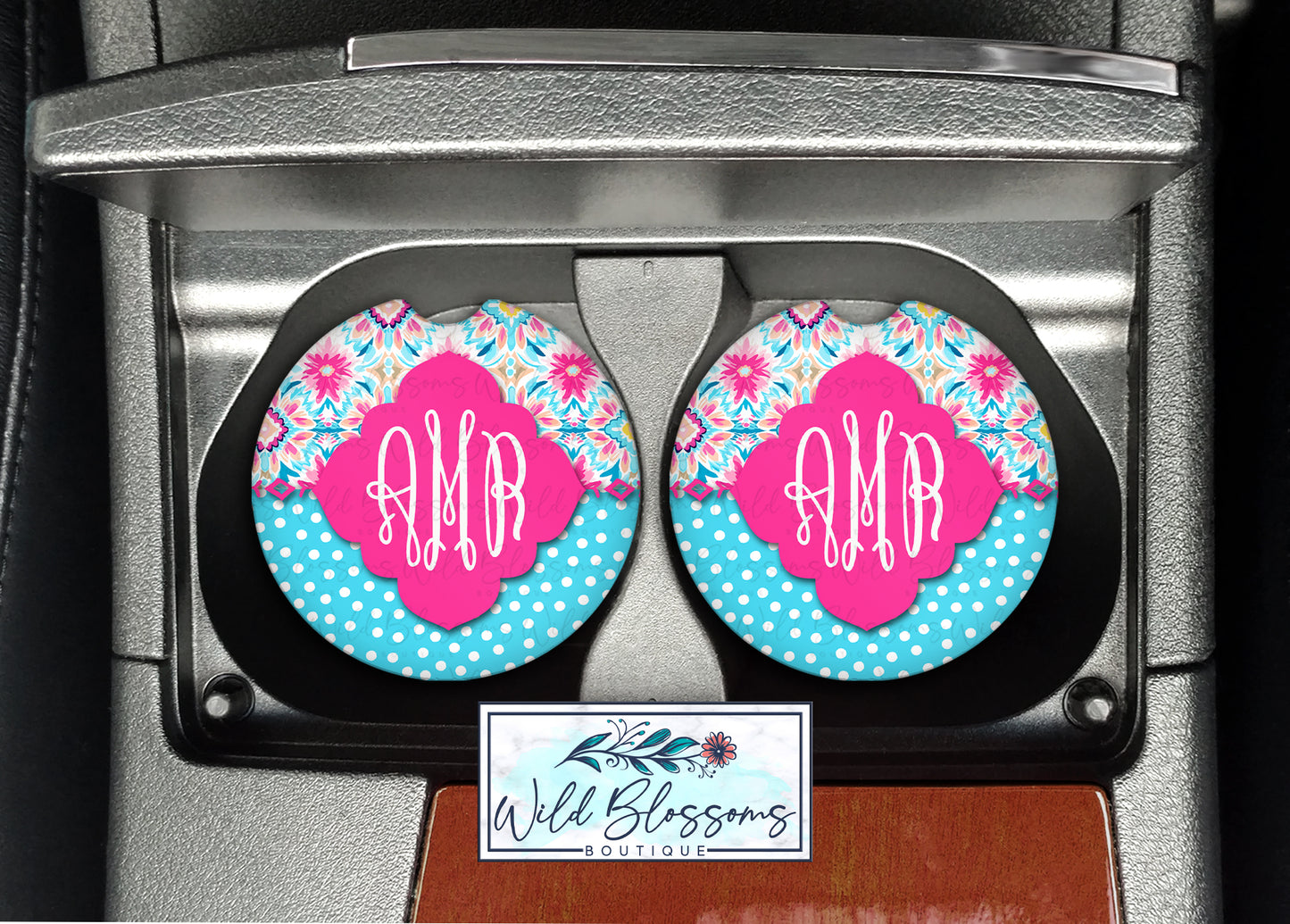 Pink and Blue Floral Polka Dot Personalized Car Coasters