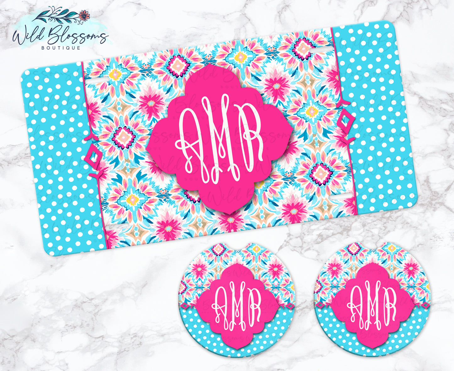Pink and Blue Floral Polka Dot Personalized Car Coasters