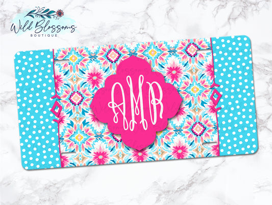 Pink and Blue Floral Polka Dot Personalized License Plate