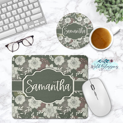Pink and Green Floral Dahlia Personalized Mouse Pad & Coaster Desk Set