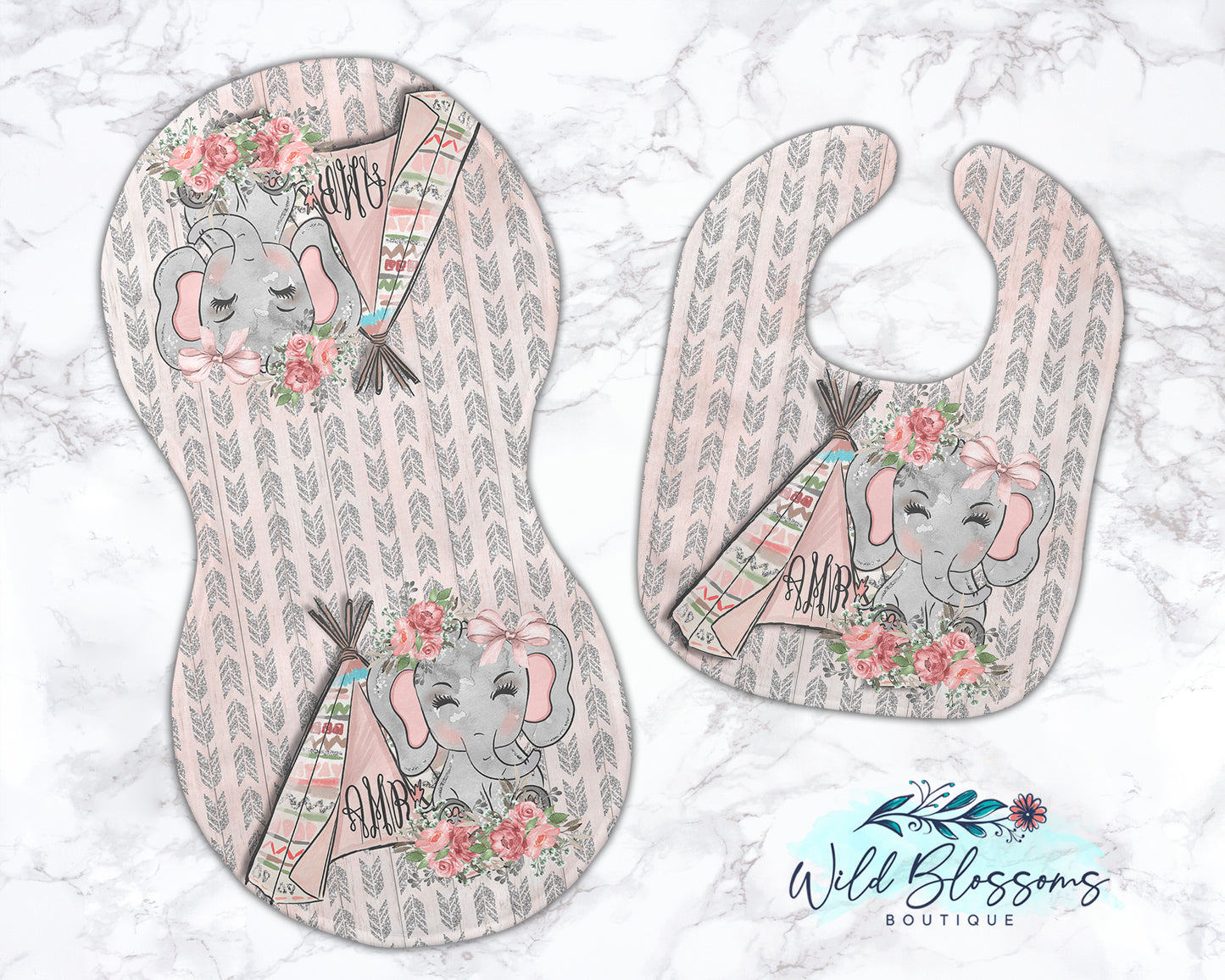 Pink Boho Floral Elephant Personalized Baby Bib And Burp Cloth Set