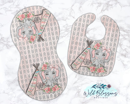 Pink Boho Floral Elephant Personalized Baby Bib And Burp Cloth Set