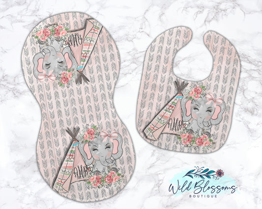 Pink Boho Floral Elephant Personalized Baby Bib And Burp Cloth Set