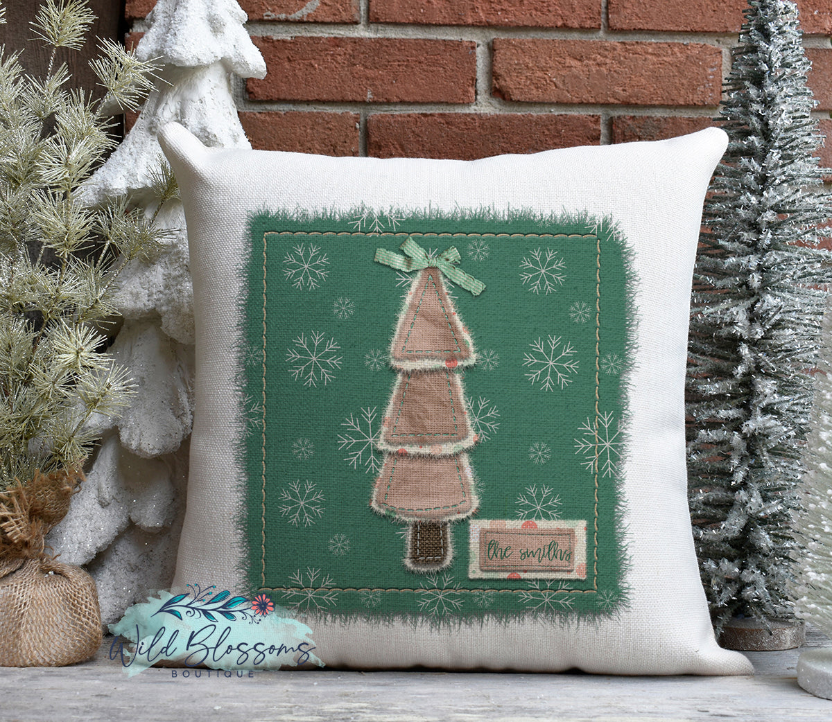 Stitched Pink Christmas Tree Pillow Personalized Pillow Cover