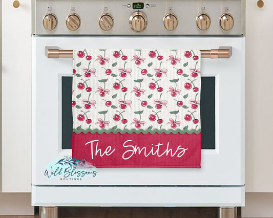 Pink Coquette Bows and Cherries Personalized Kitchen Towel
