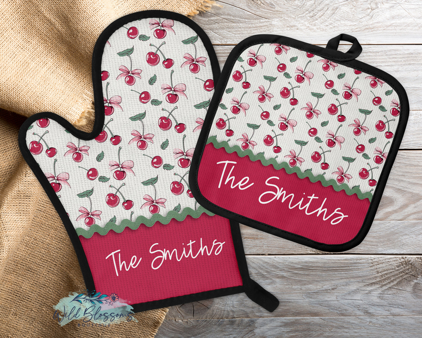 Pink Coquette Bows and Cherries Personalized Pot Holder And Oven Mitt