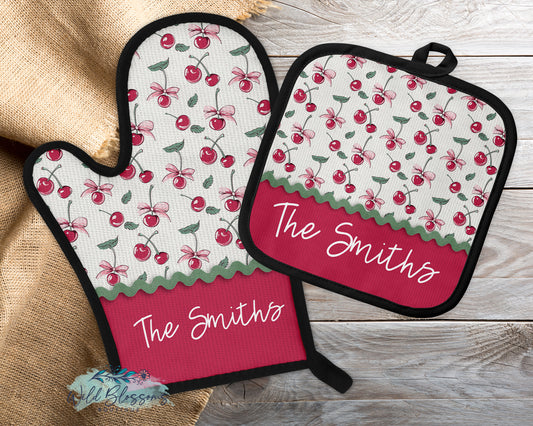 Pink Coquette Bows and Cherries Personalized Pot Holder And Oven Mitt