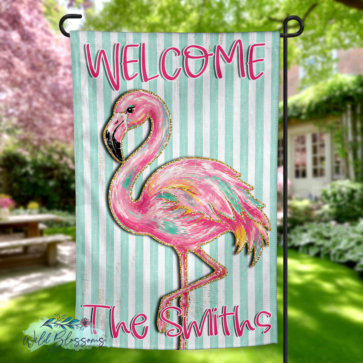 Personalized Pink Flamingo Welcome Garden Flag