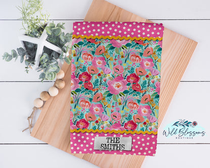 Floral Pink And Polka Dot Personalized Kitchen Towel