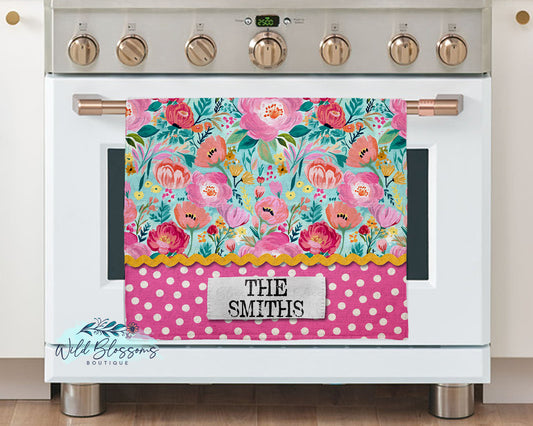 Floral Pink And Polka Dot Personalized Kitchen Towel