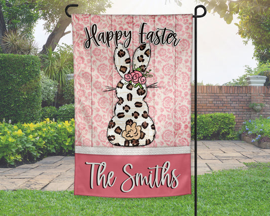 Personalized Pink Floral Leopard Print Happy Easter Bunny Spring Garden Flag
