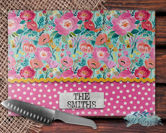 Floral Pink And Polka Dot Personalized Glass Cutting Board
