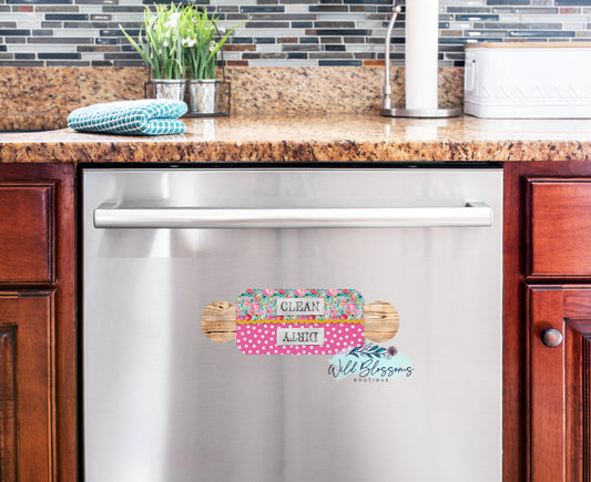 Floral Pink And Polka Dot Clean / Dirty Dishwasher Magnet