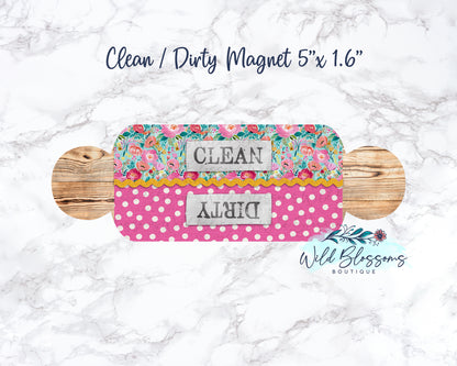 Floral Pink And Polka Dot Clean / Dirty Dishwasher Magnet