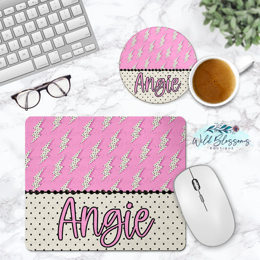 Pink Lightening Bolt And Polka Dot Personalized Mouse Pad And Coaster Desk Set