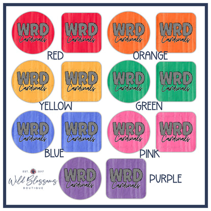 Color swatches with 'WRD Cardinals' text in various colors and Wild Blossoms Boutique branding.