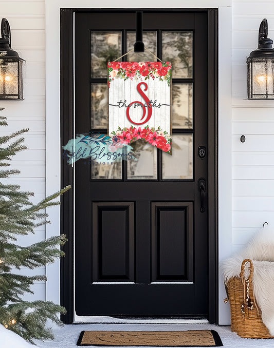 Wooden Poinsettia Christmas Floral Personalized Bunting Door Hanger