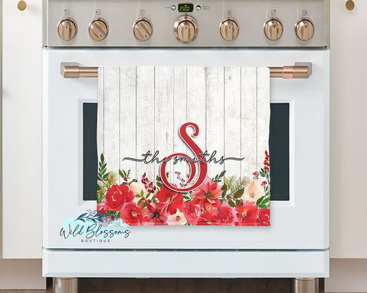 Wooden Poinsettia Christmas Floral Personalized Kitchen Towel