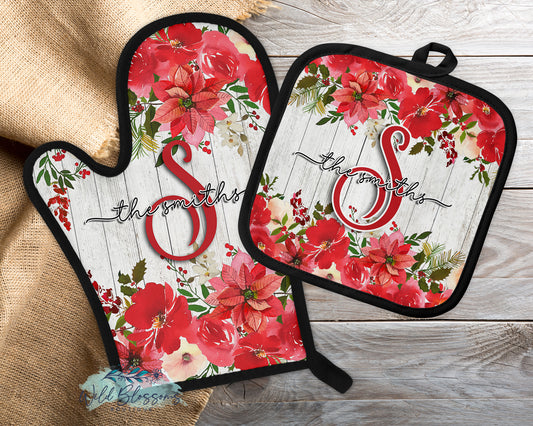Wooden Poinsettia Christmas Floral Personalized Pot Holder And Oven Mitt