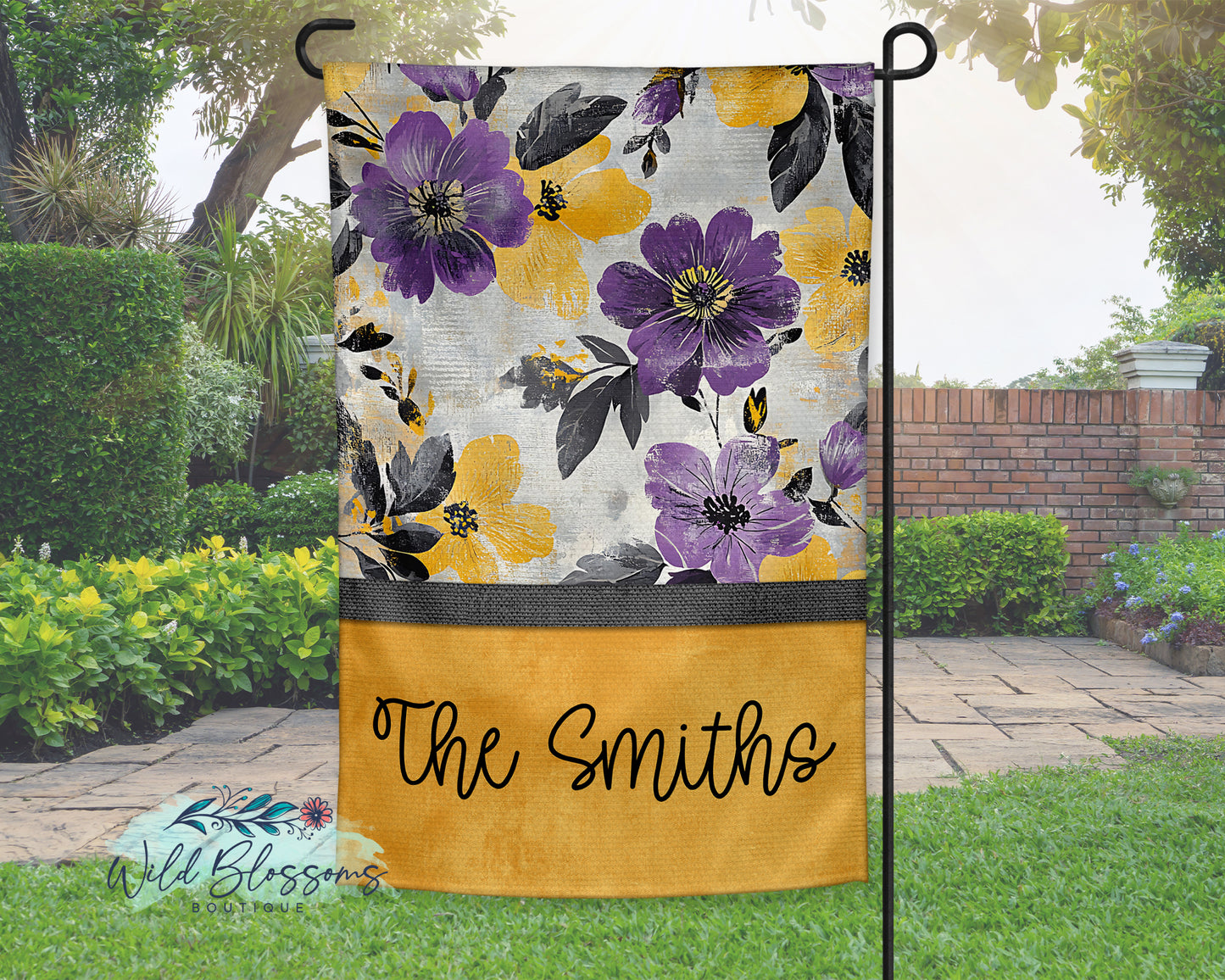 Purple and Gold Floral Personalized Garden Flag