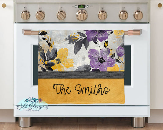 Purple and Gold Floral Personalized Kitchen Towel