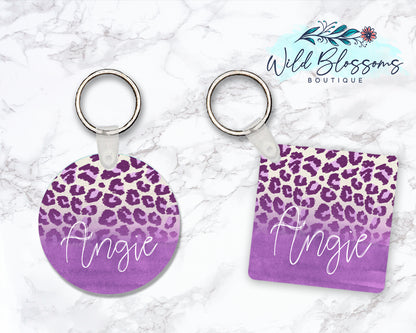 Purple Leopard Print Personalized Round or Square Keychain
