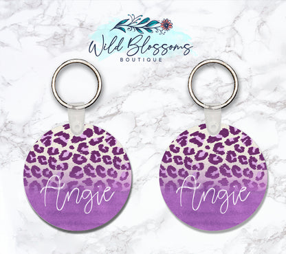 Purple Leopard Print Personalized Round or Square Keychain